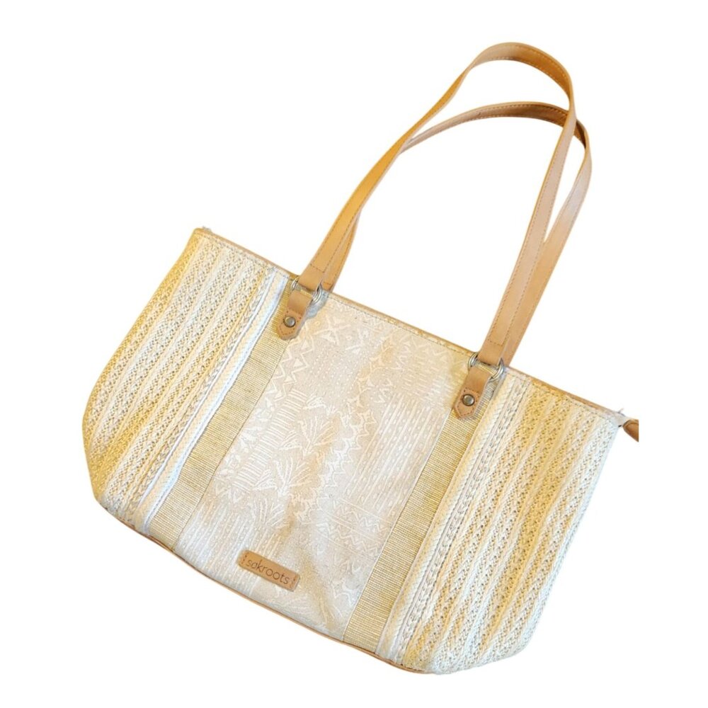 Sakroots Beige & Tan Woven Tote Bag With Leather Straps & Zippers Summer Coastal